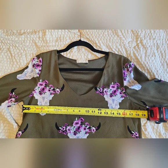 Altar'd State - Olive Green Dress w/ Purple/Pink Floral Skull Print - Picture 6 of 10